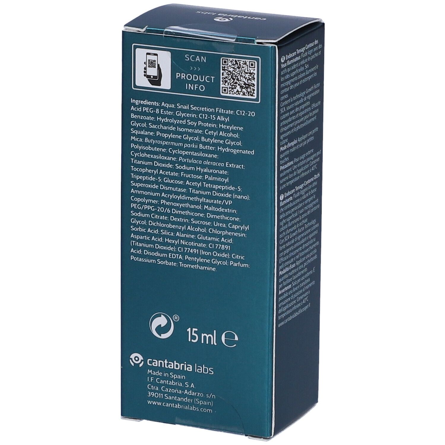 Scatola blu scuro. Ingredienti e codice QR. 15 ml. Logo Cantabria Labs.