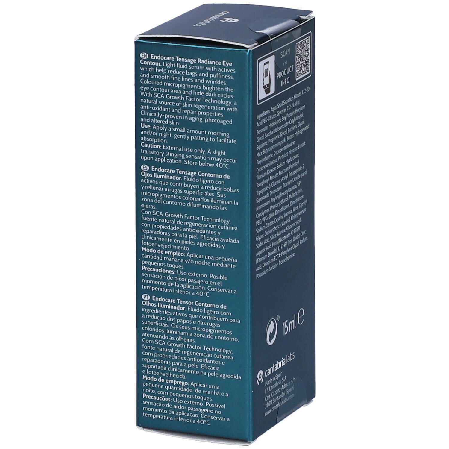 Scatola blu scuro. Testo in tedesco, francese, spagnolo e inglese. 15 ml. Logo Cantabria Labs.