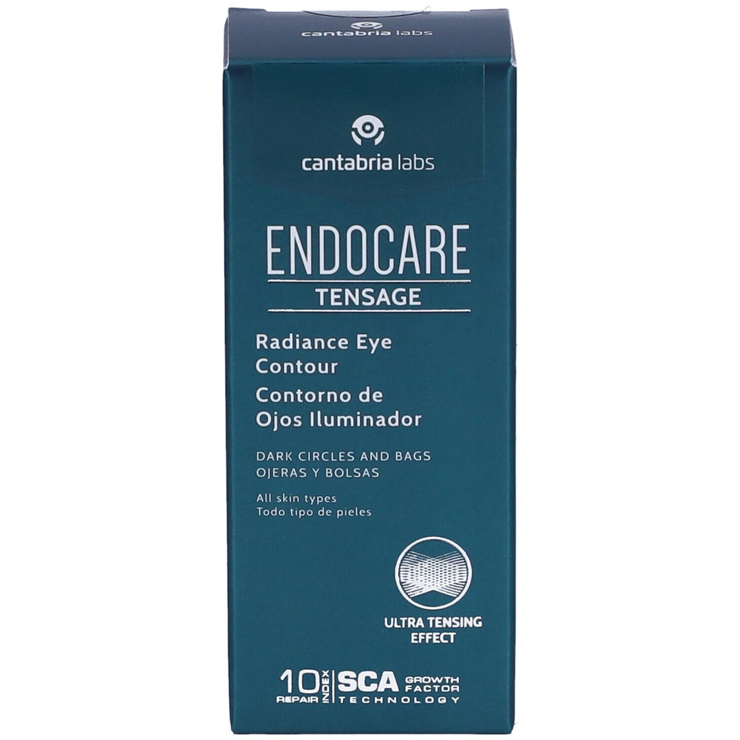 Scatola blu scuro. Scritta: Endocare Tensage Radiance Eye Contour. Logo SCA. Ultra Tensing Effect.