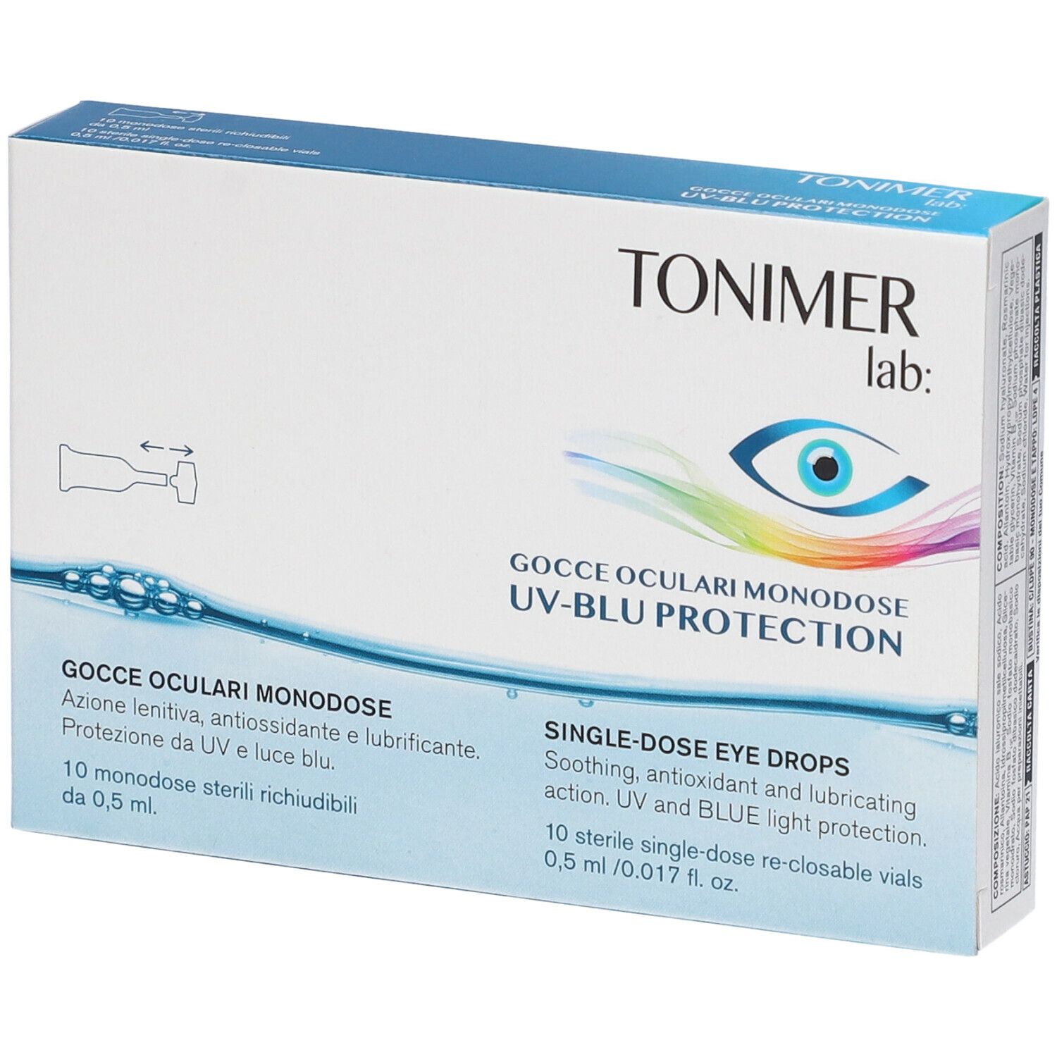 Confezione di gocce oculari. Testo: TONIMER lab:, Gocce oculari Monodose UV-BLU PROTECTION. 10 monodose.