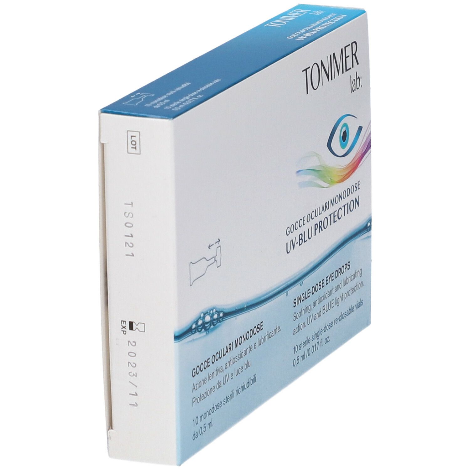 Vista laterale della confezione di gocce oculari. Testo: TONIMER lab:, Gocce oculari Monodose UV-BLU PROTECTION.