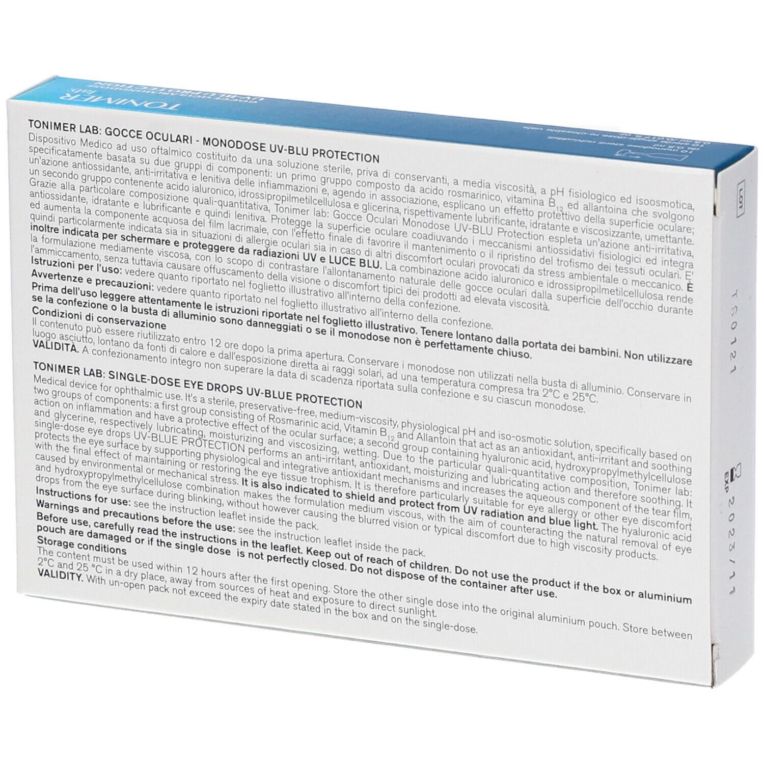 Retro della confezione di gocce oculari. Testo: TONIMER LAB: Gocce oculari Monodose UV-BLU PROTECTION.