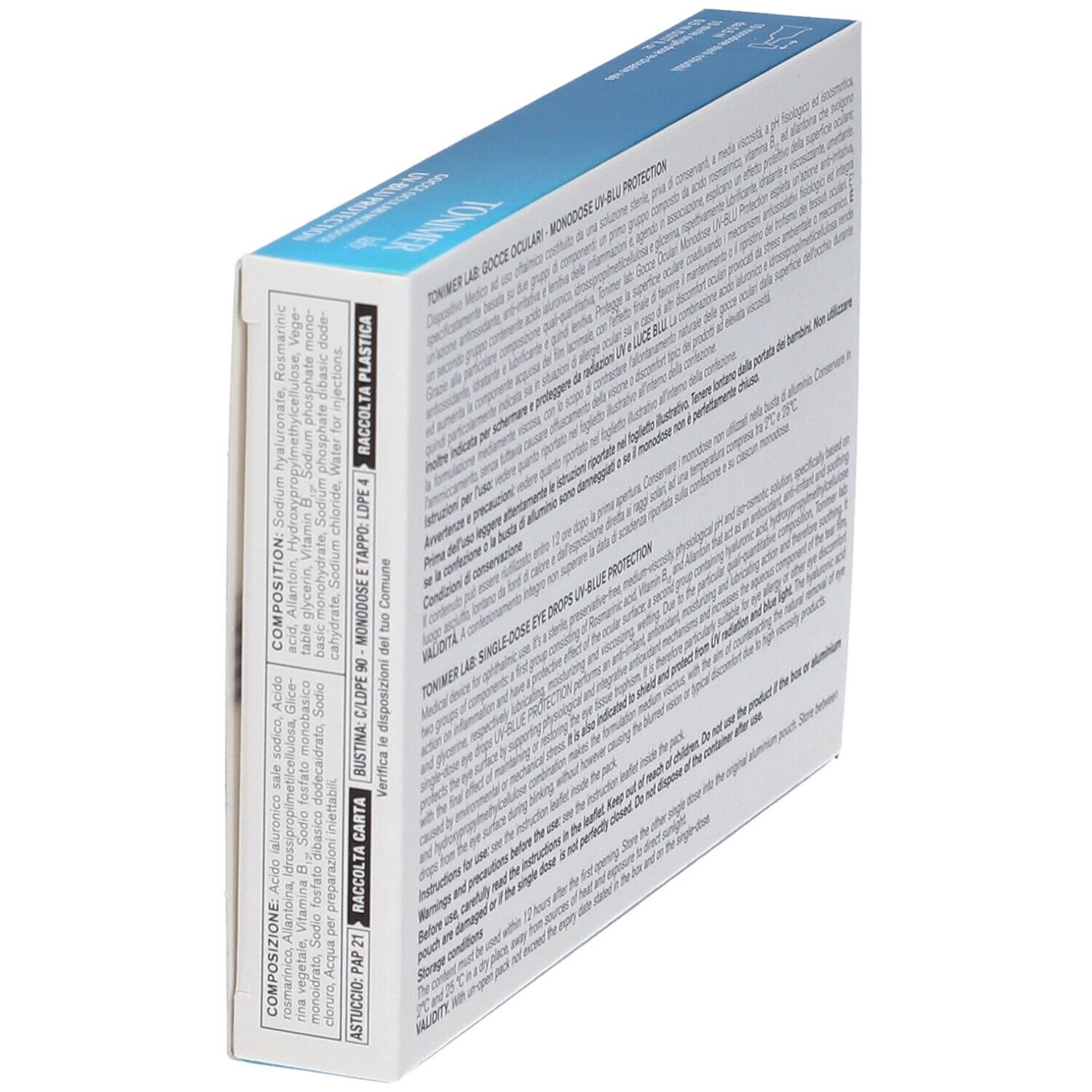 Retro della confezione di gocce oculari. Testo: TONIMER LAB: Gocce oculari Monodose UV-BLU PROTECTION. Ingredienti.