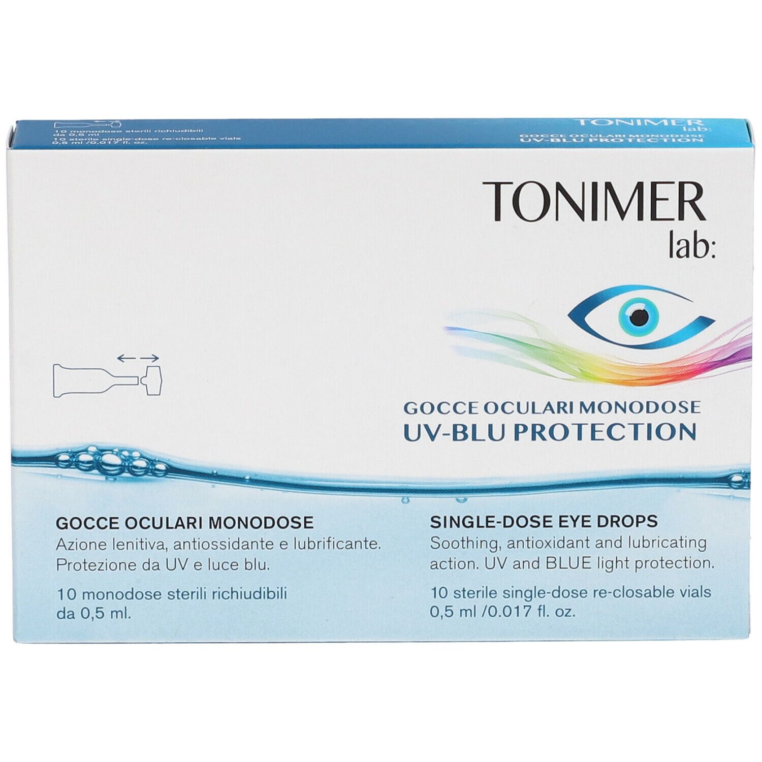 Confezione di gocce oculari. Testo: TONIMER lab:, Gocce oculari Monodose UV-BLU PROTECTION. 10 monodose.