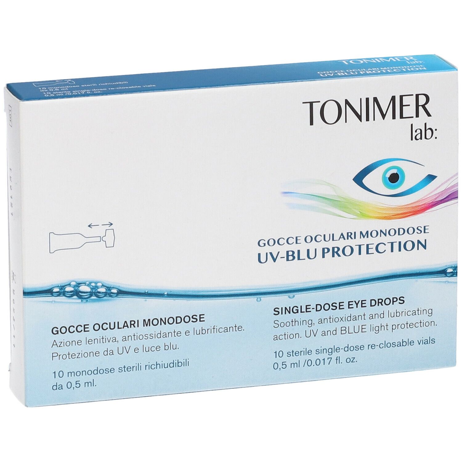 Confezione di gocce oculari. Testo: TONIMER lab:, Gocce oculari Monodose UV-BLU PROTECTION. 10 monodose.