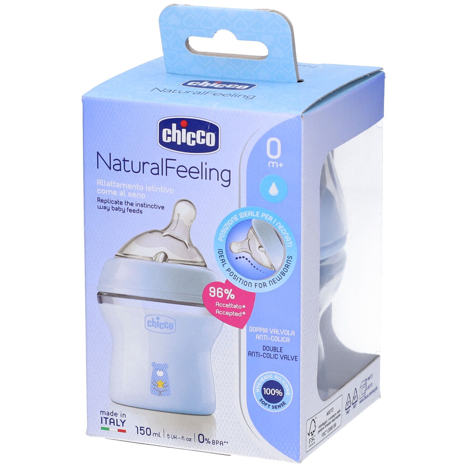 Biberon blu chiaro in confezione. Tettarella trasparente. Marchio Chicco, NaturalFeeling. Informazioni sul prodotto sulla confezione.