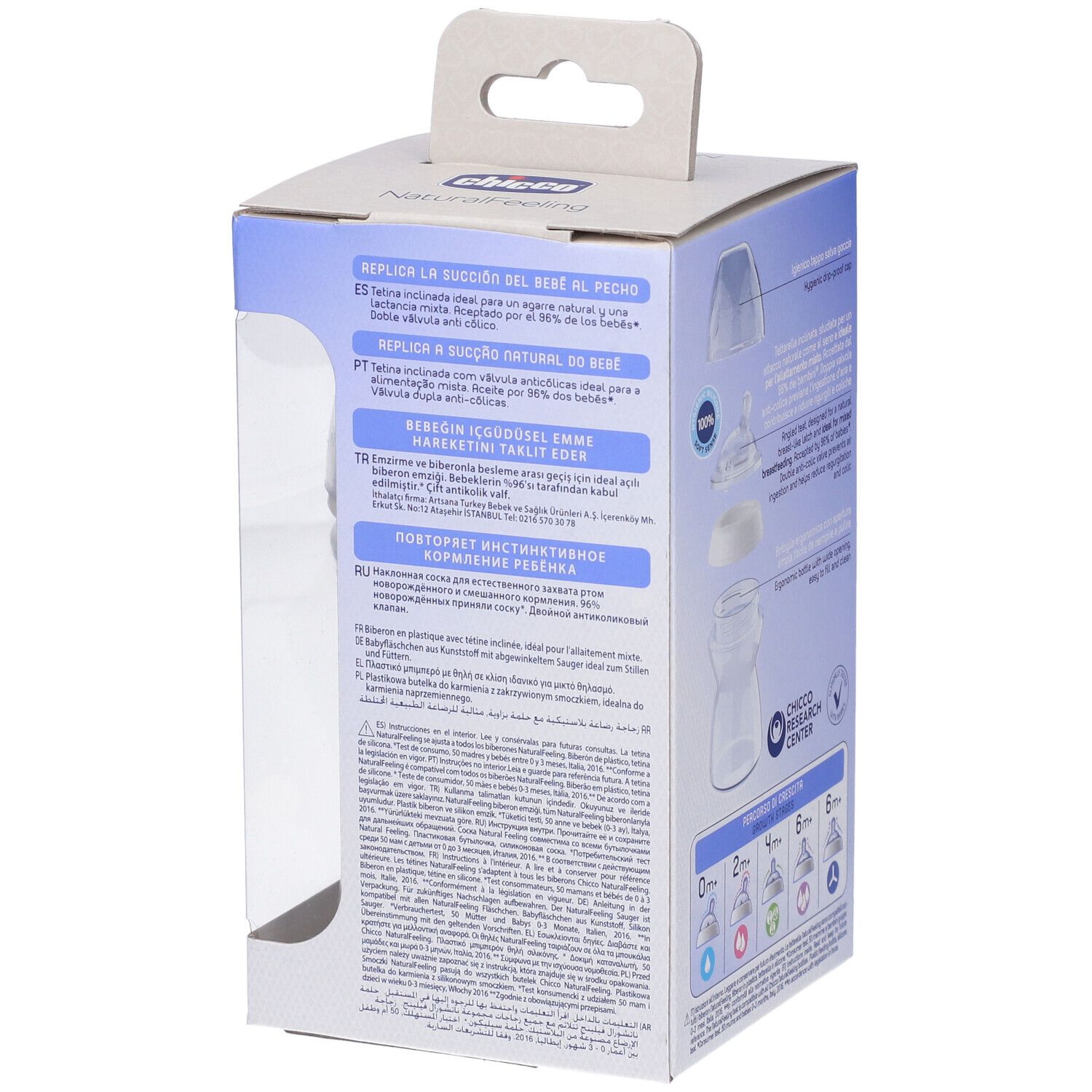 Retro della confezione. Testo multilingue. Dettagli del biberon e accessori.