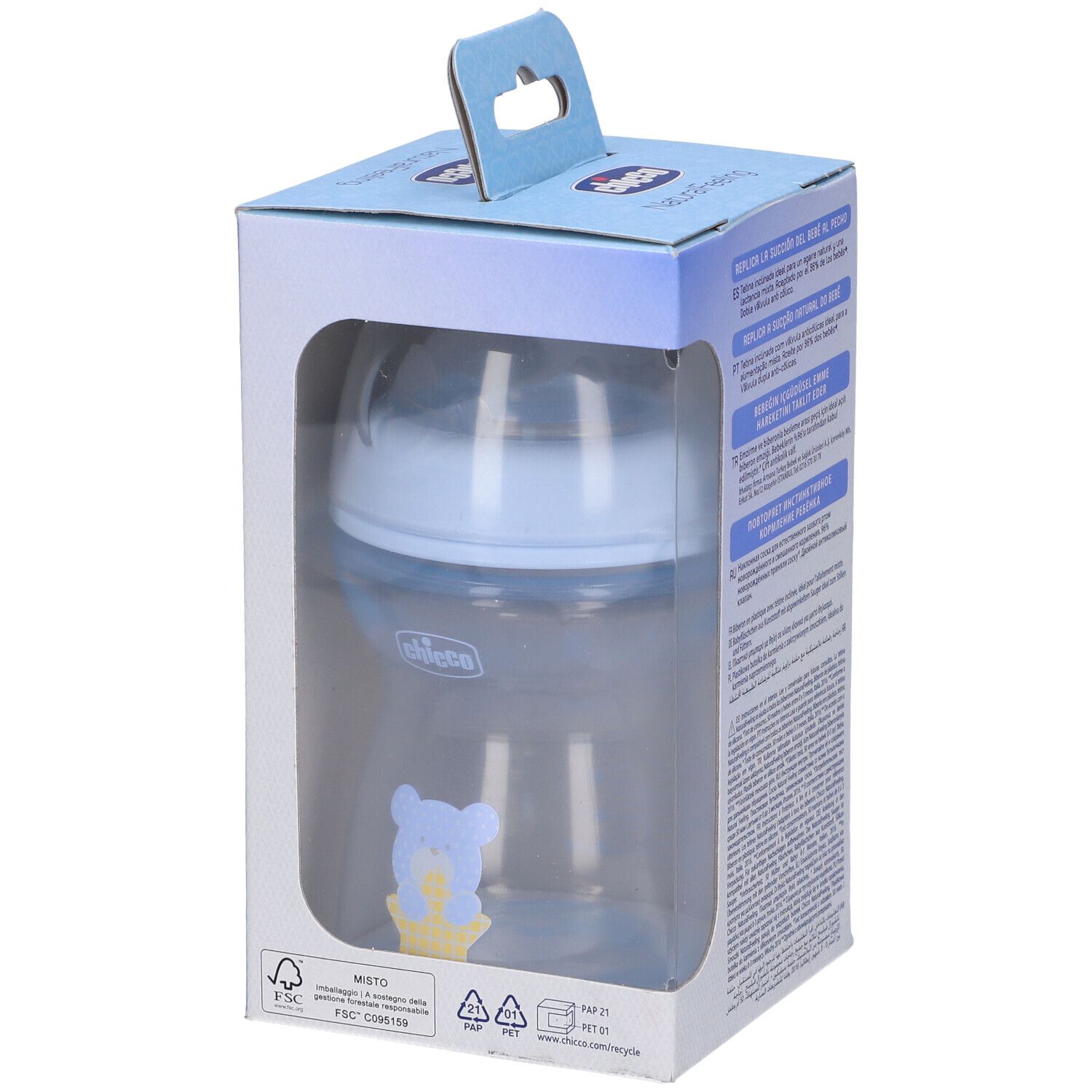 Biberon in confezione. Bottiglia blu, cappuccio trasparente. Orsetto disegnato. 250ml, 2m+.