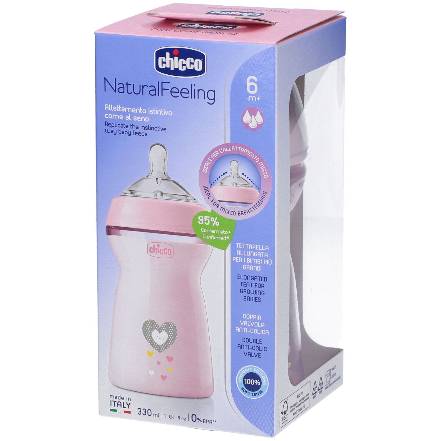 Biberon rosa in confezione. Design a cuore. Marchio visibile: Chicco NaturalFeeling. 6m+.