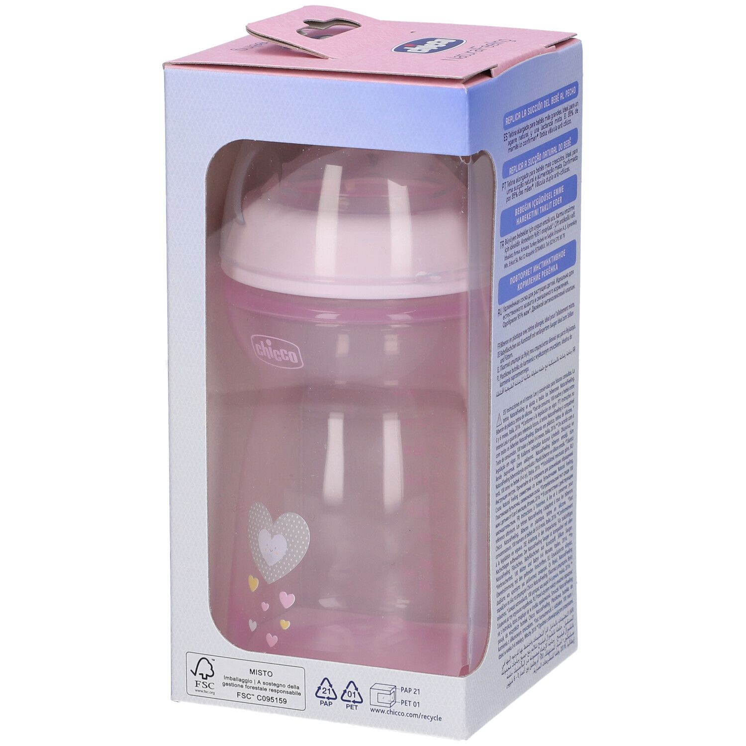 Biberon rosa nella confezione. Biberon visibile. Confezione con finestra. Marchio: Chicco.