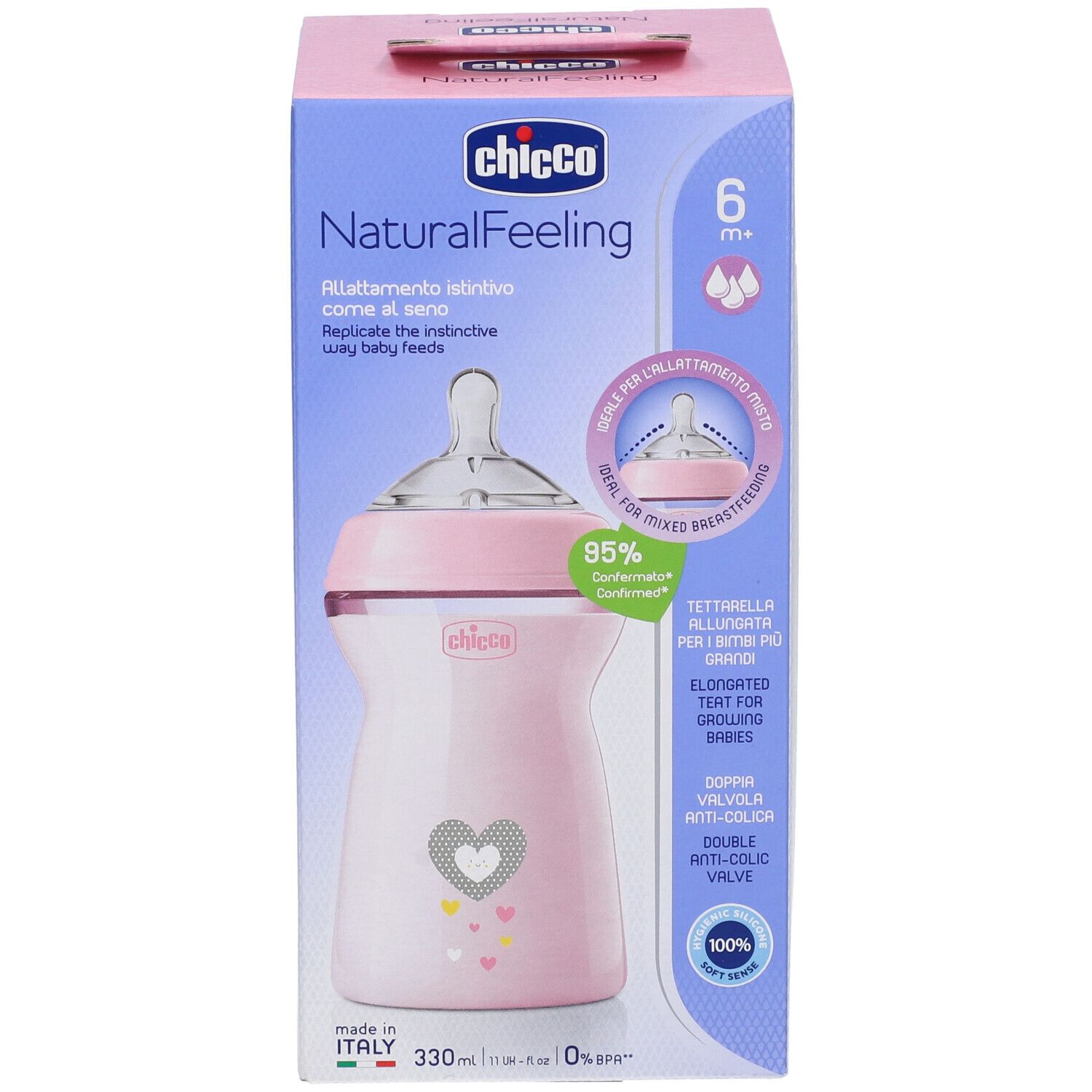 Biberon rosa in confezione. Design a cuore. Marchio: Chicco NaturalFeeling. 6m+.
