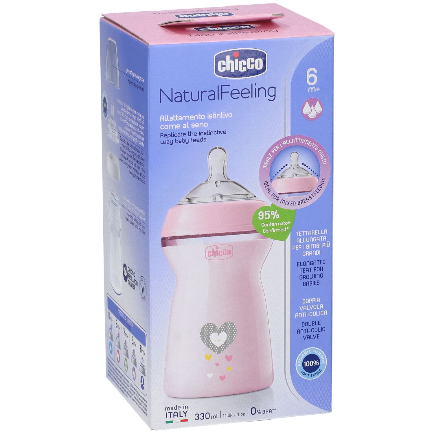 Biberon rosa in confezione. Design a cuore. Marchio: Chicco NaturalFeeling. 6m+.