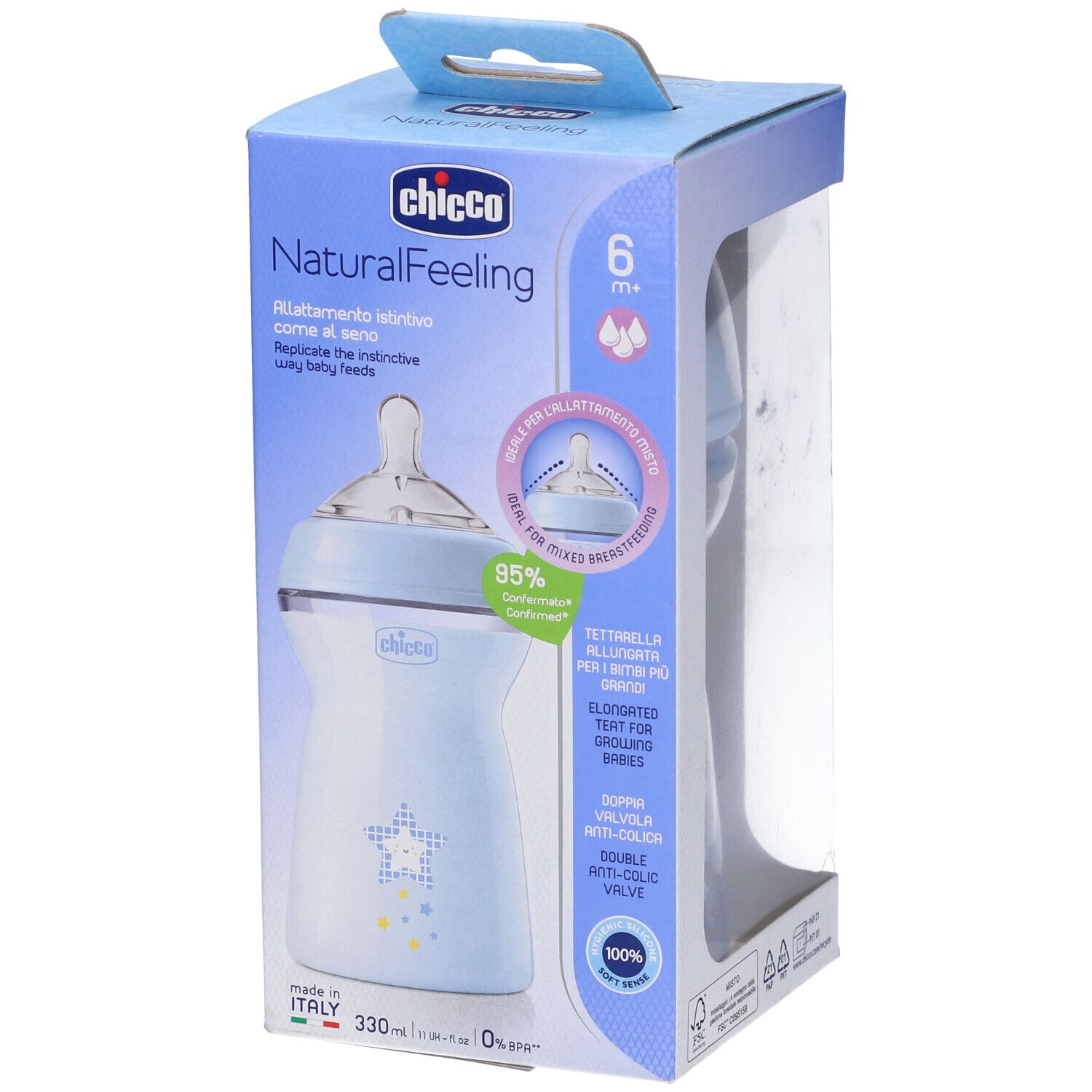 Biberon Chicco NaturalFeeling in confezione. Visibile: biberon, tettarella. Blu chiaro, 330ml, 6m+.