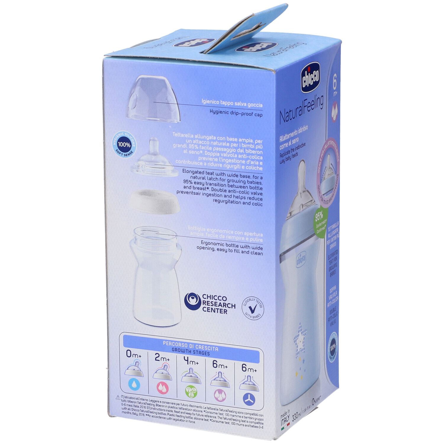 Retro della confezione Chicco NaturalFeeling. Informazioni su caratteristiche e tettarelle.