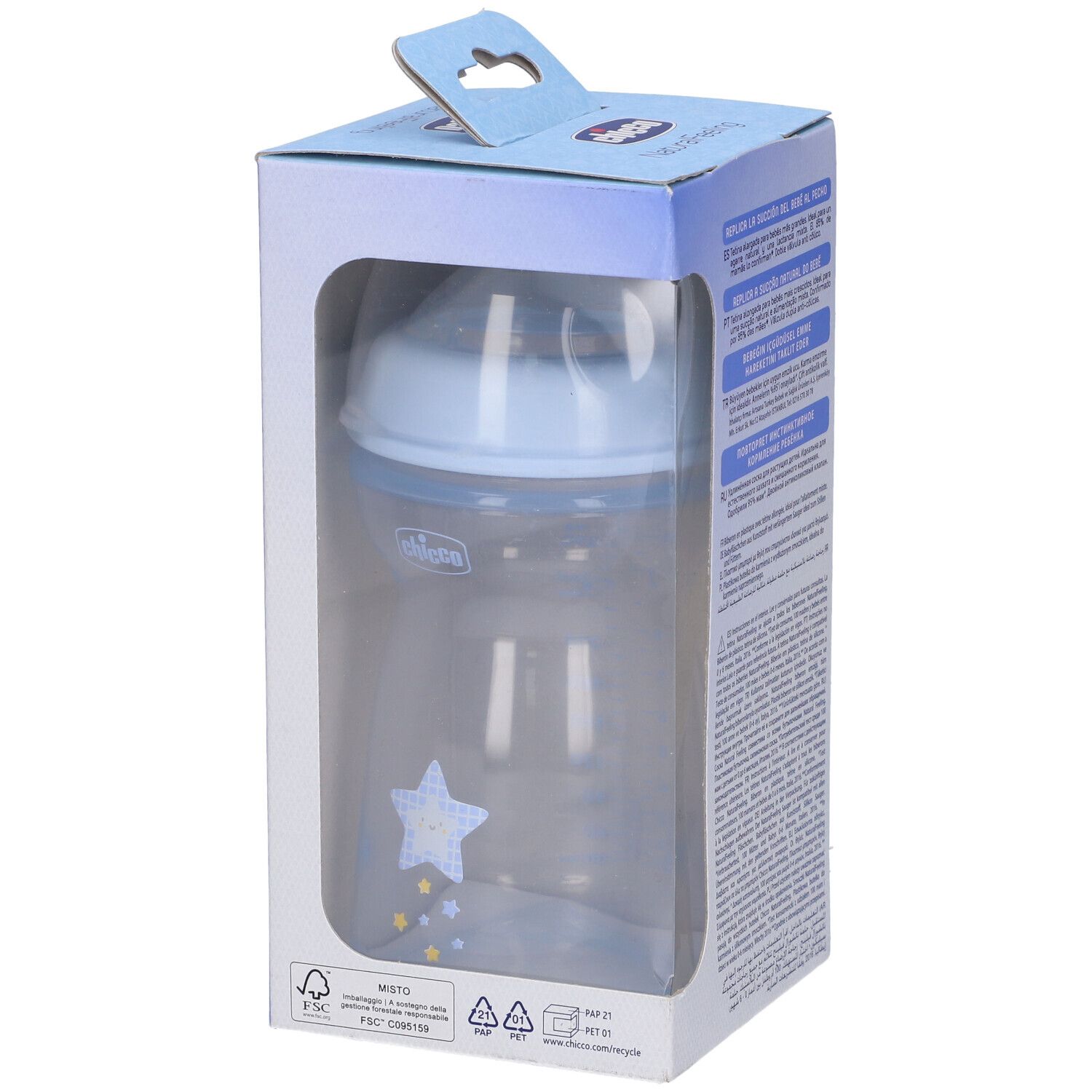 Biberon Chicco NaturalFeeling in confezione. Visibile: biberon, tettarella. Blu chiaro, 330ml, 6m+.