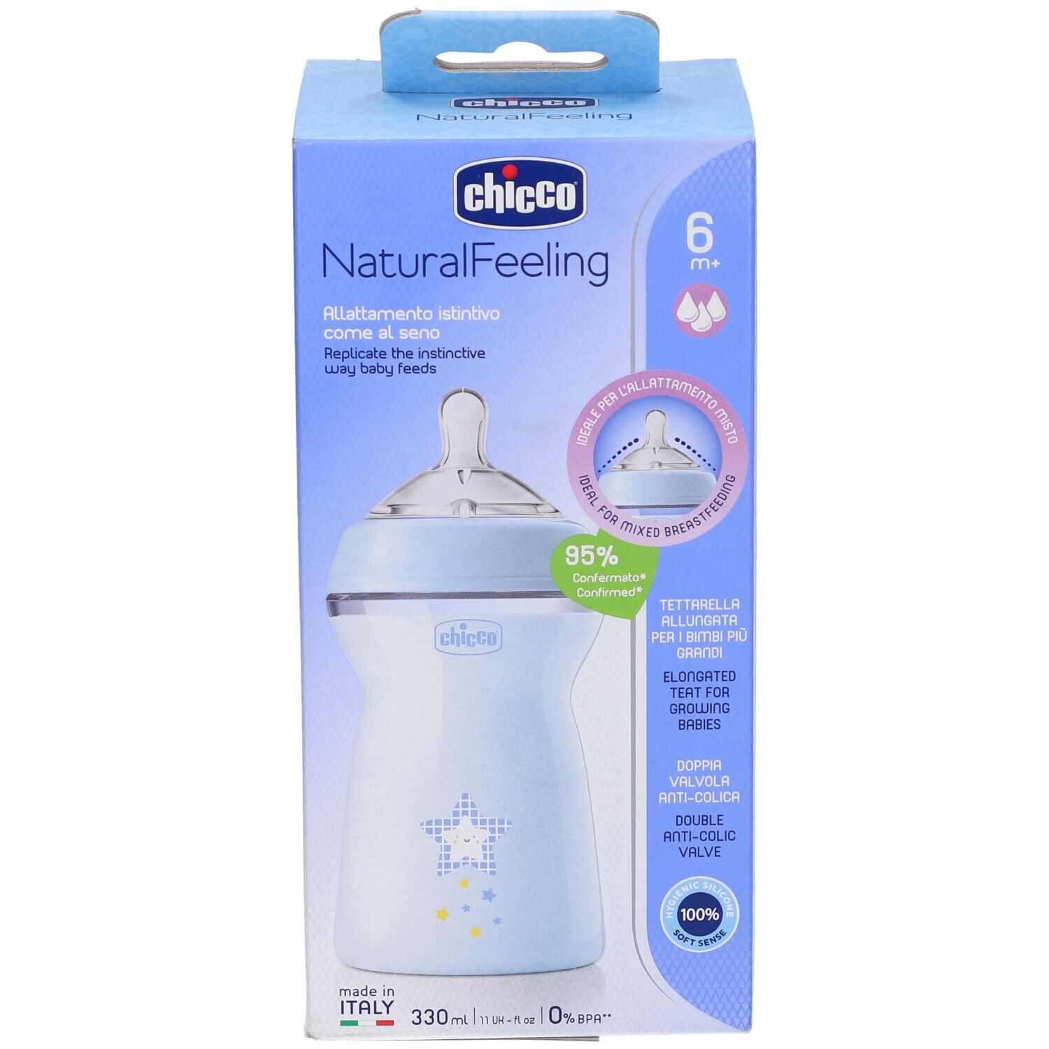 Biberon Chicco NaturalFeeling in confezione. Blu chiaro, 330ml, 6m+. Motivo stella e tettarella.