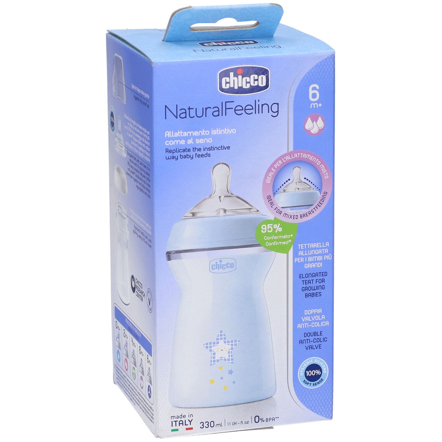 Biberon Chicco NaturalFeeling in confezione. Blu chiaro, 330ml, 6m+. Motivo stella e tettarella.