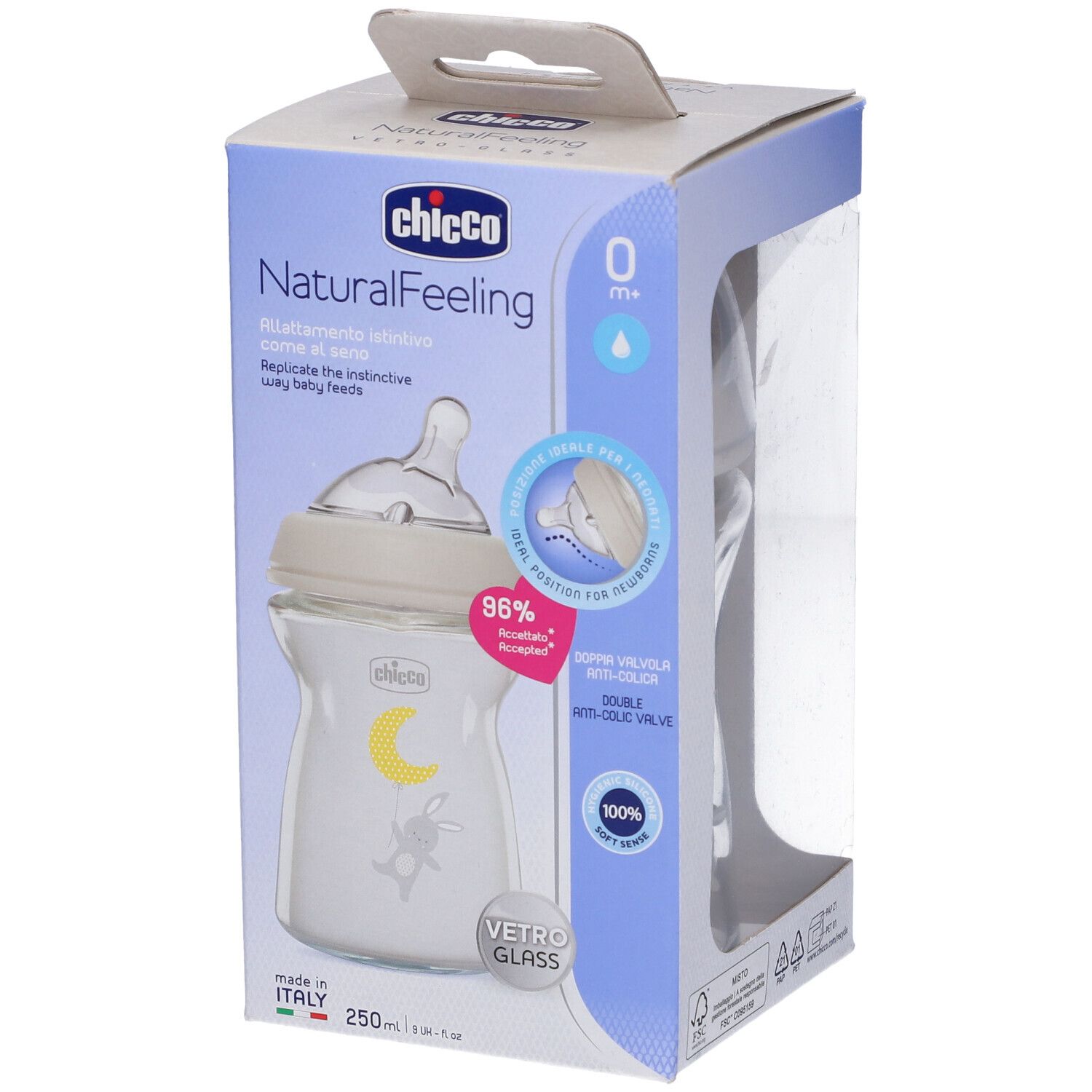 Biberon Chicco NaturalFeeling 0M+ in vetro, 250 ml, nella confezione.
