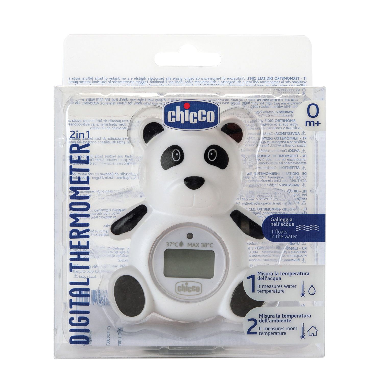 Termometro digitale a forma di panda. Bianco con dettagli neri. Display LCD. Confezionato in scatola di plastica con informazioni.