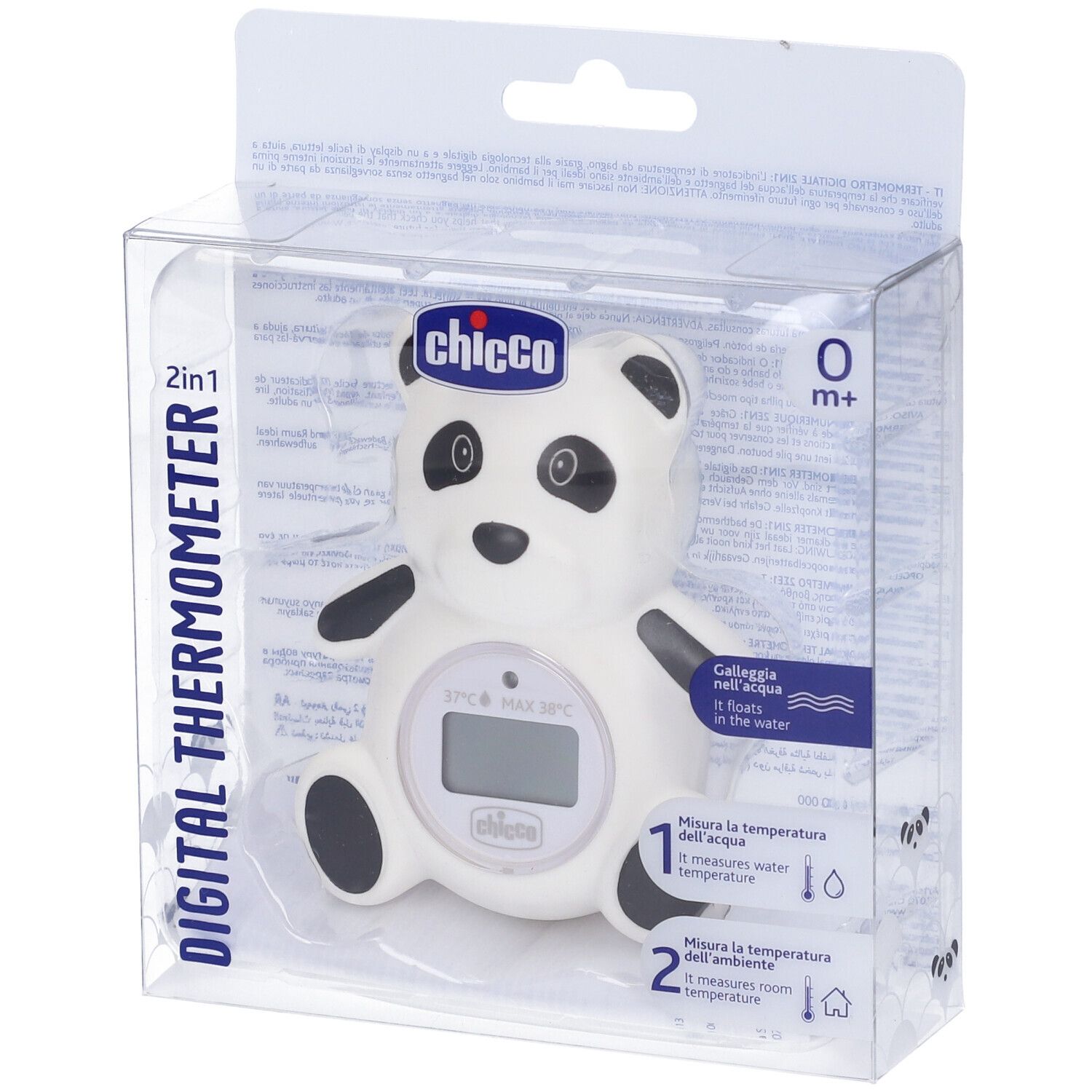 Termometro digitale a forma di panda. Bianco con dettagli neri. Display LCD. Confezionato in scatola di plastica trasparente.