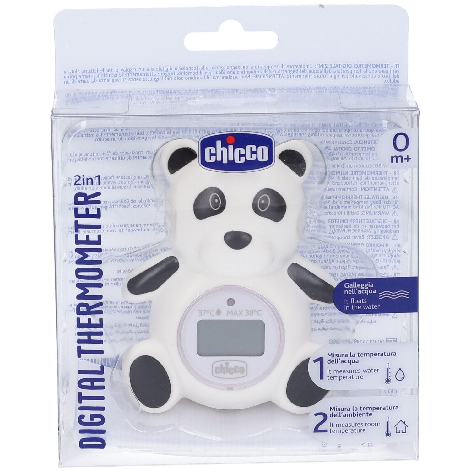 Termometro digitale a forma di panda. Bianco con dettagli neri. Display LCD. Confezionato in scatola di plastica.