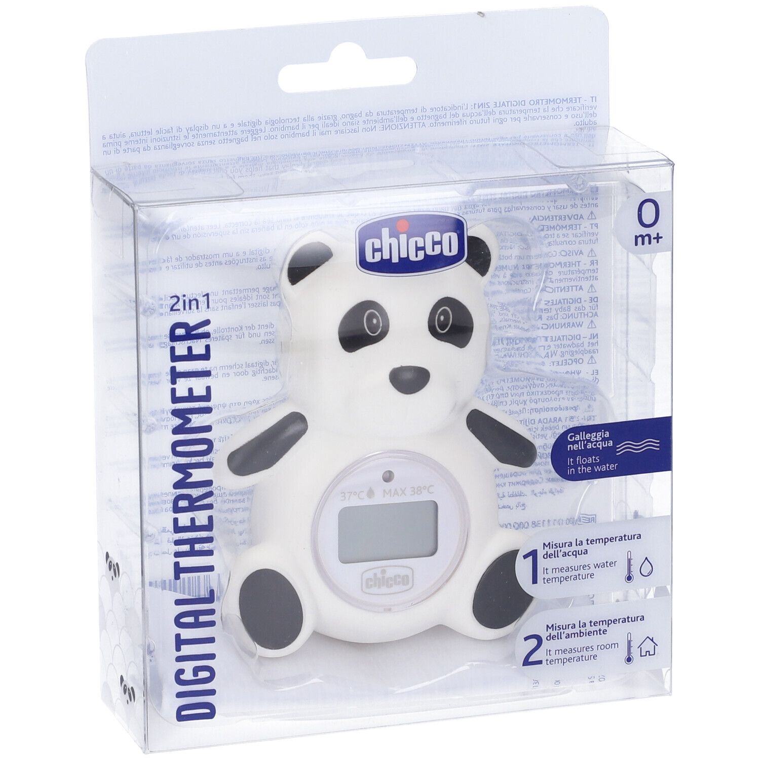 Termometro digitale a forma di panda. Bianco con dettagli neri. Display LCD. Confezionato in scatola di plastica.