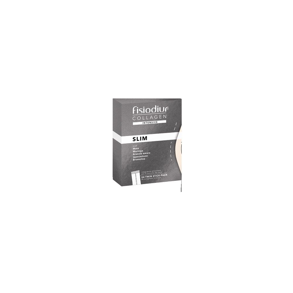 Confezione Fisiodiur Collagen Slim&Beauty. Scatola grigia con nome prodotto e scritta Slim. Confezione da 24 stick.