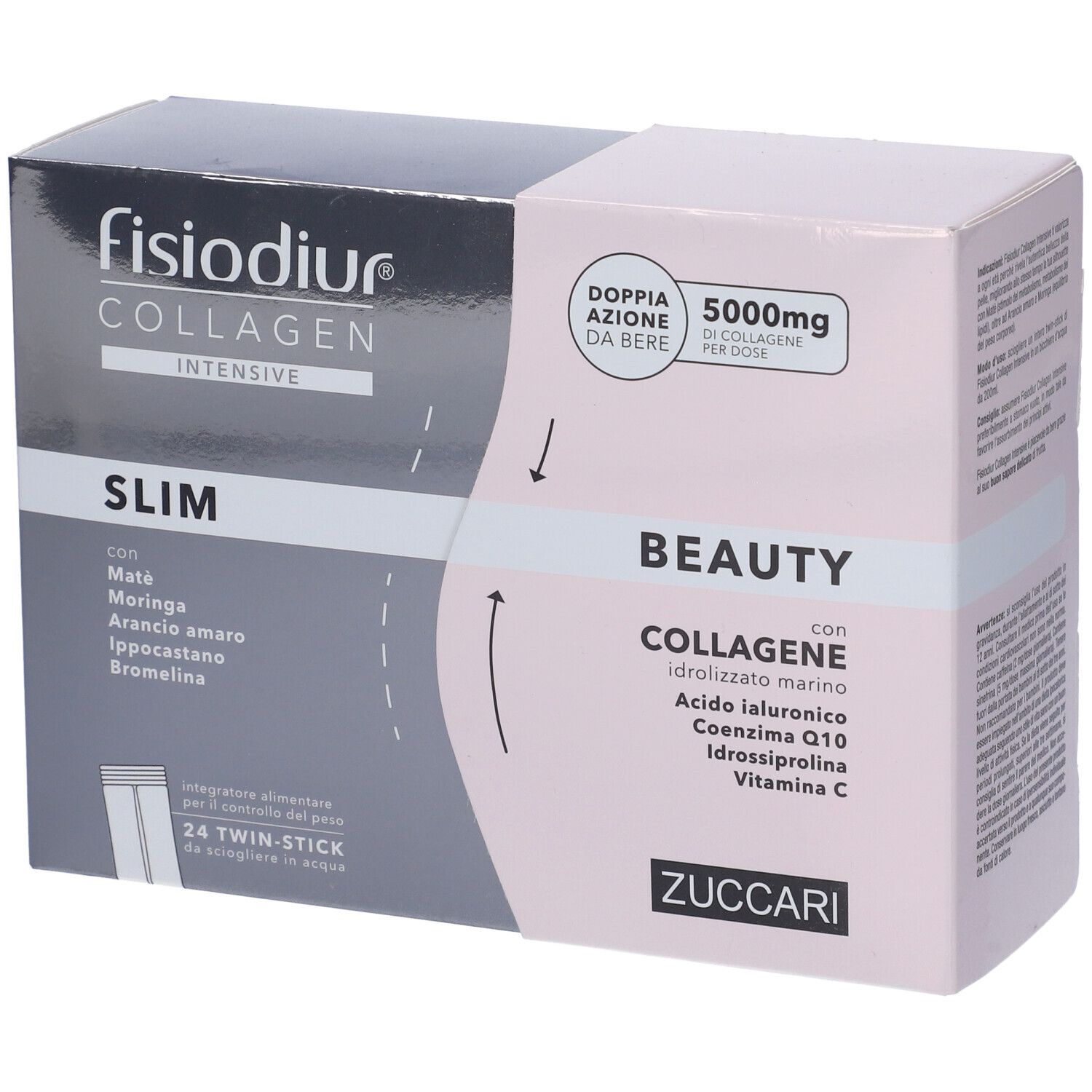 Confezione Fisiodiur Collagen Slim&Beauty. Scatola con nome prodotto, Slim e Beauty. Contiene 24 stick. Ingredienti visibili.