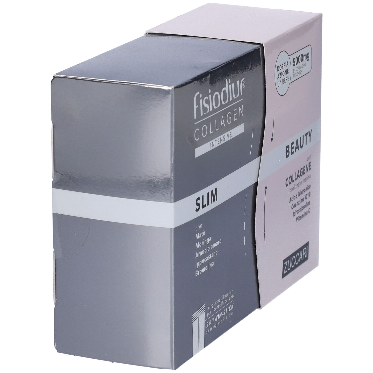 Confezione Fisiodiur Collagen Slim&Beauty. Scatola con nome prodotto, Slim e Beauty. Contiene 24 stick. Vista angolata.