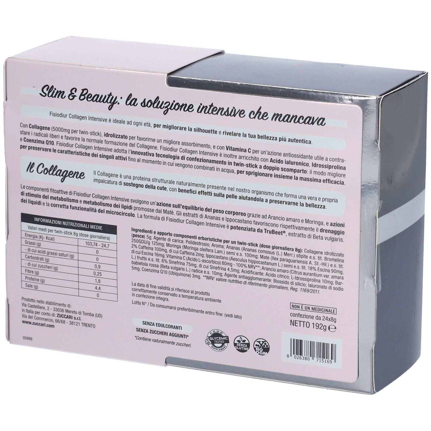 Retro della confezione Fisiodiur Collagen Slim&Beauty. Informazioni su ingredienti e valori nutrizionali. Testo visibile.