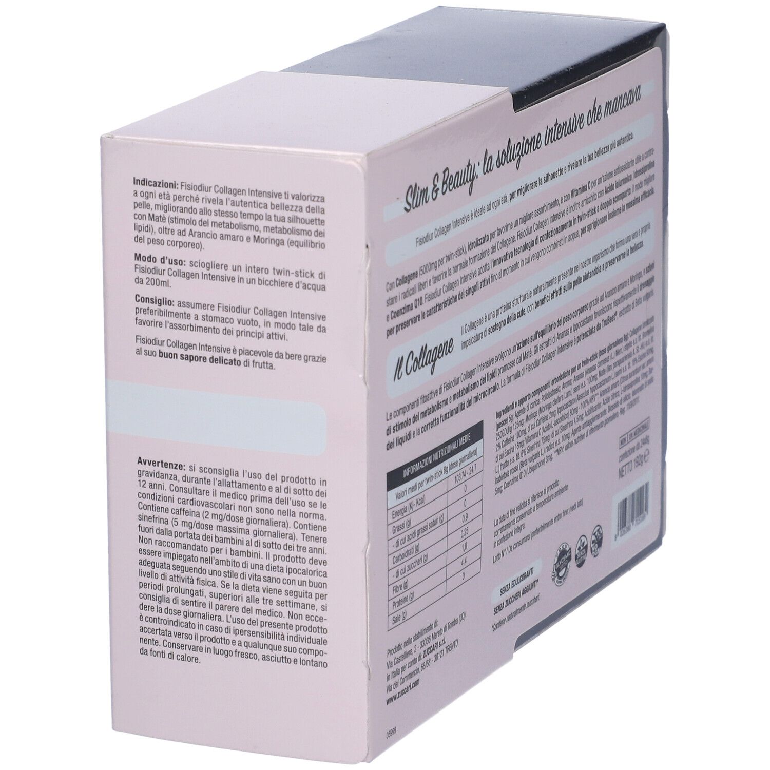 Retro della confezione Fisiodiur Collagen Slim&Beauty. Informazioni sull'uso e avvertenze. Testo visibile.