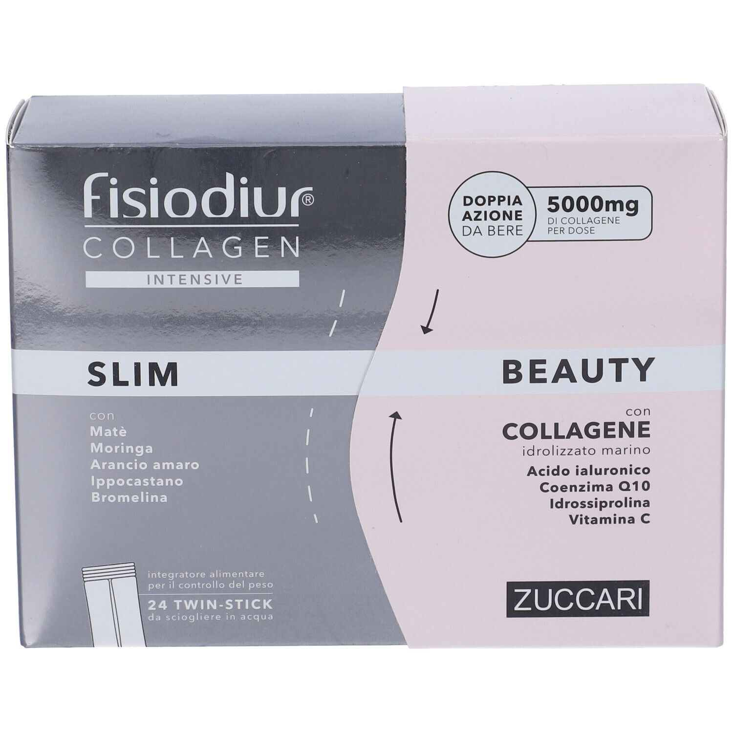 Confezione Fisiodiur Collagen Slim&Beauty. Scatola con nome prodotto, Slim e Beauty. Contiene 24 stick. Vista frontale.
