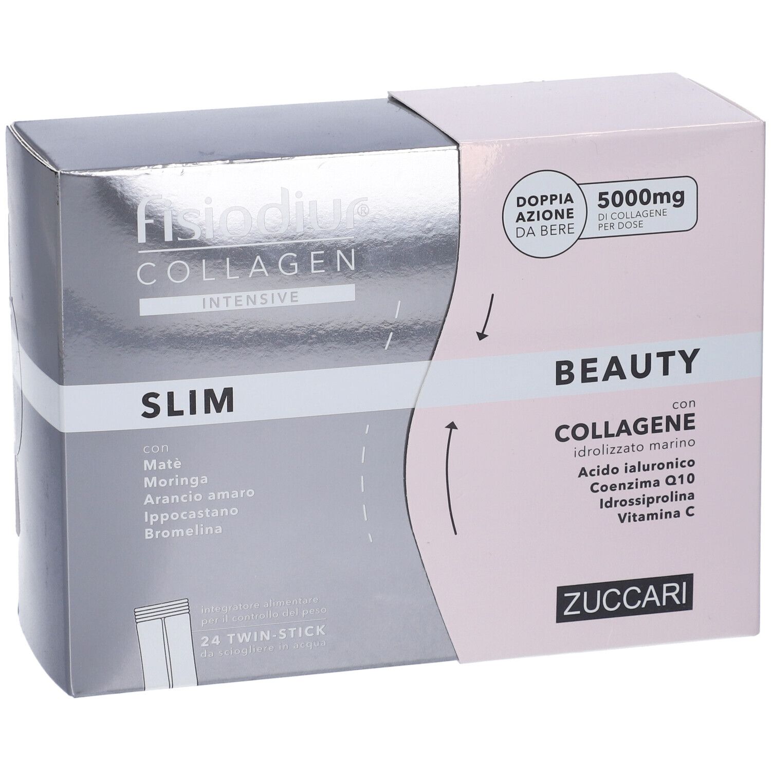 Confezione Fisiodiur Collagen Slim&Beauty. Scatola con nome prodotto, Slim e Beauty. Contiene 24 stick. Vista angolata.