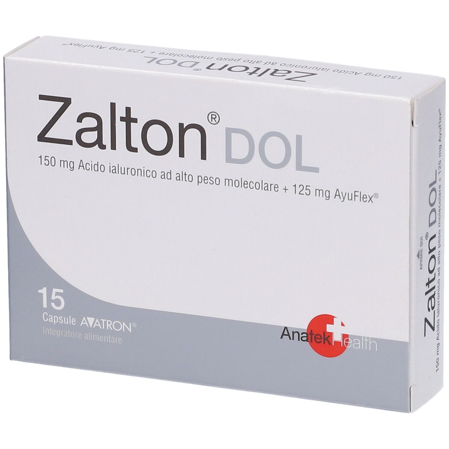 Scatola bianca 'Zalton DOL'. Contiene 15 capsule. Logo Anatek Health.