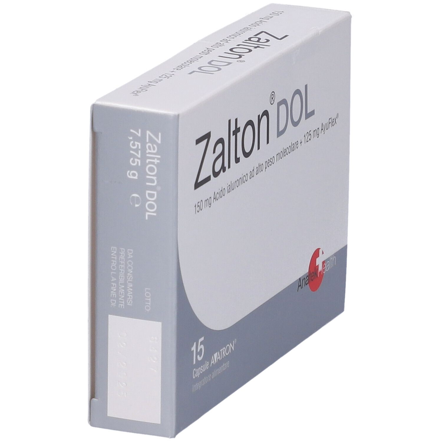 Scatola 'Zalton DOL' in prospettiva. Contiene 15 capsule. Logo Anatek Health.