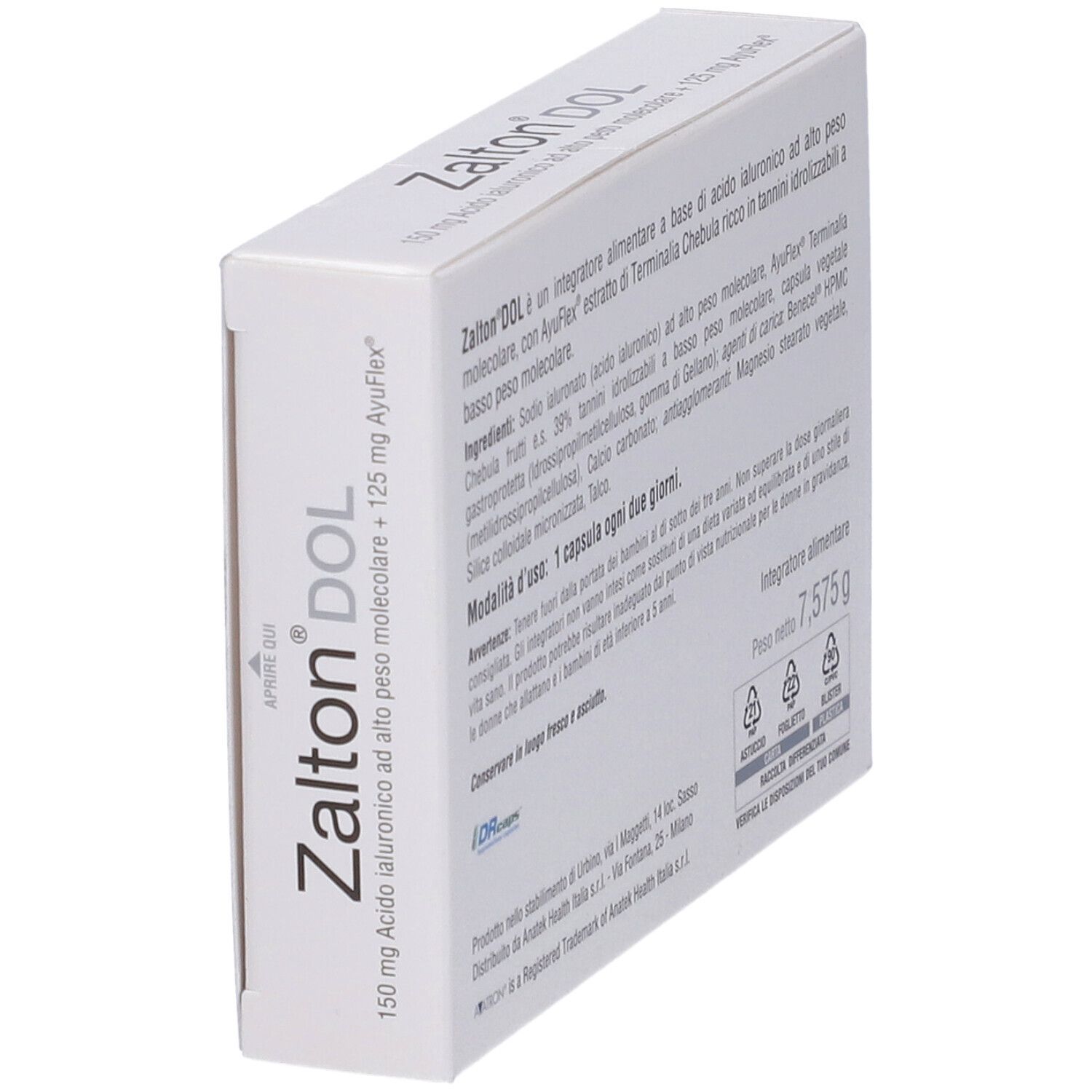 Scatola 'Zalton DOL' in prospettiva. Testo con ingredienti e istruzioni. Peso: 7,575 g.