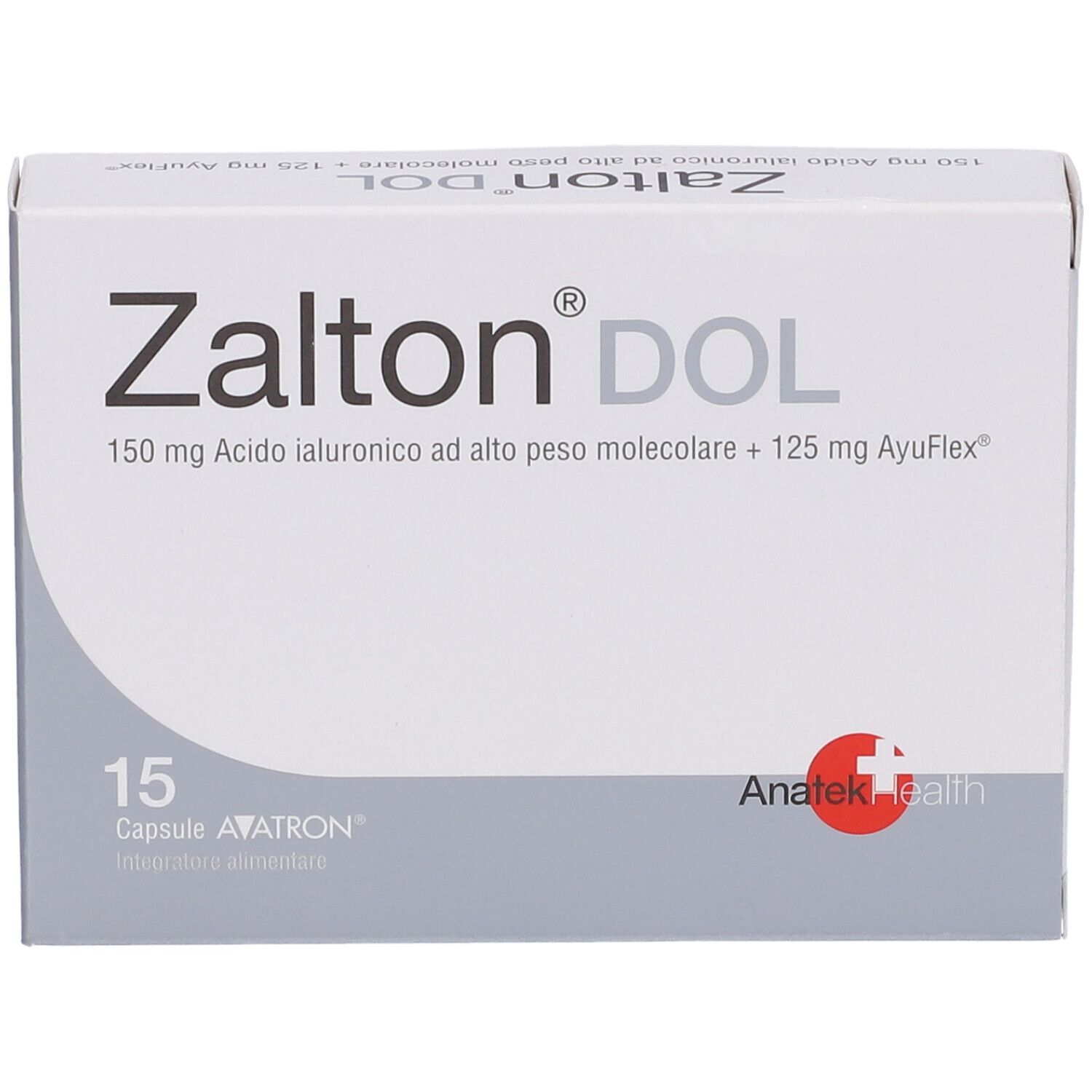 Scatola bianca 'Zalton DOL'. Contiene 15 capsule. Logo Anatek Health.