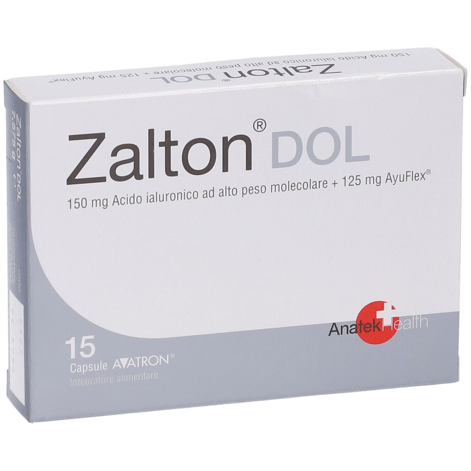 Scatola bianca 'Zalton DOL'. Contiene 15 capsule. Logo Anatek Health.