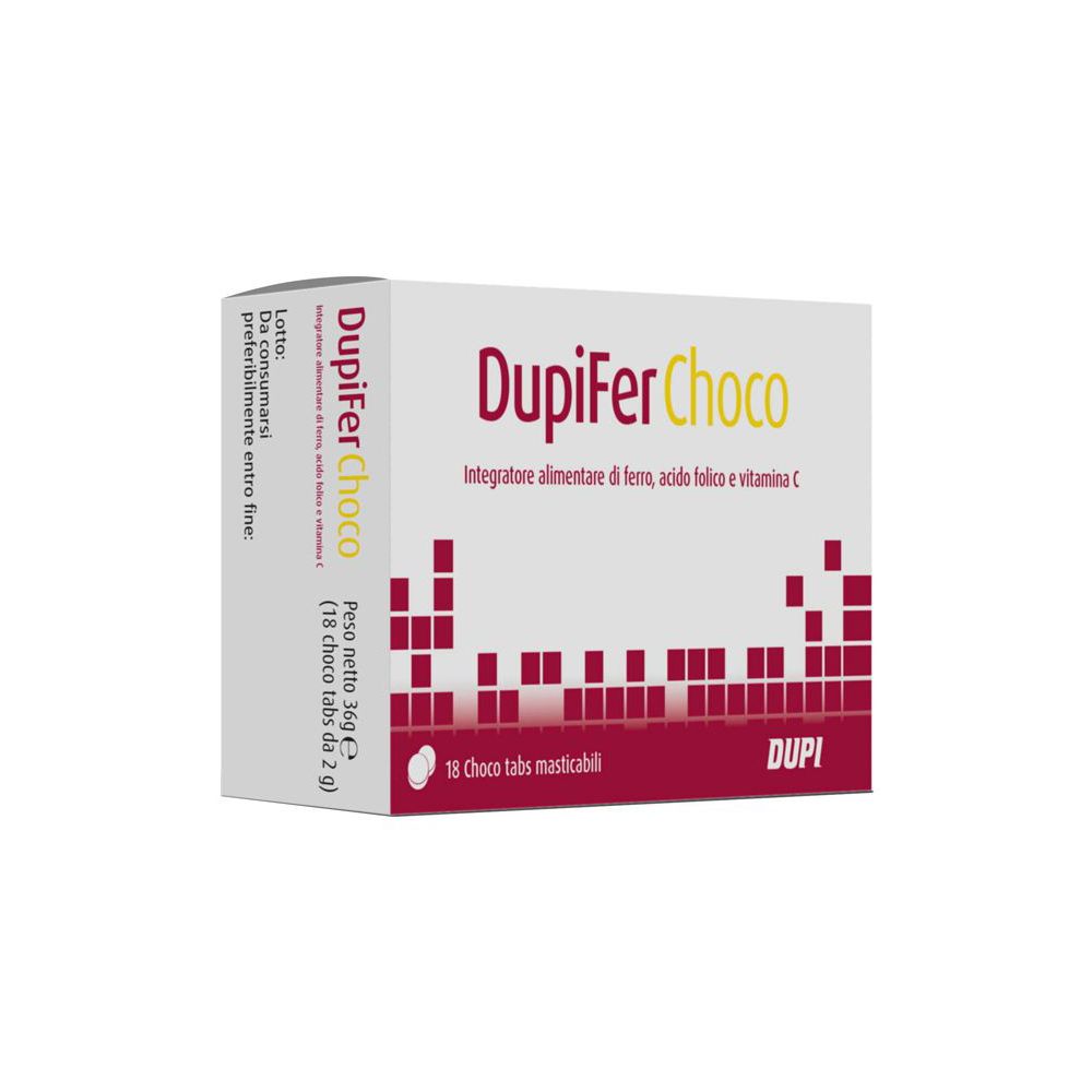 Scatola bianca con logo « Dupifer Choco ». Contiene 18 compresse. Scritta: « Integratore alimentare di ferro, acido folico e vitamina C ».