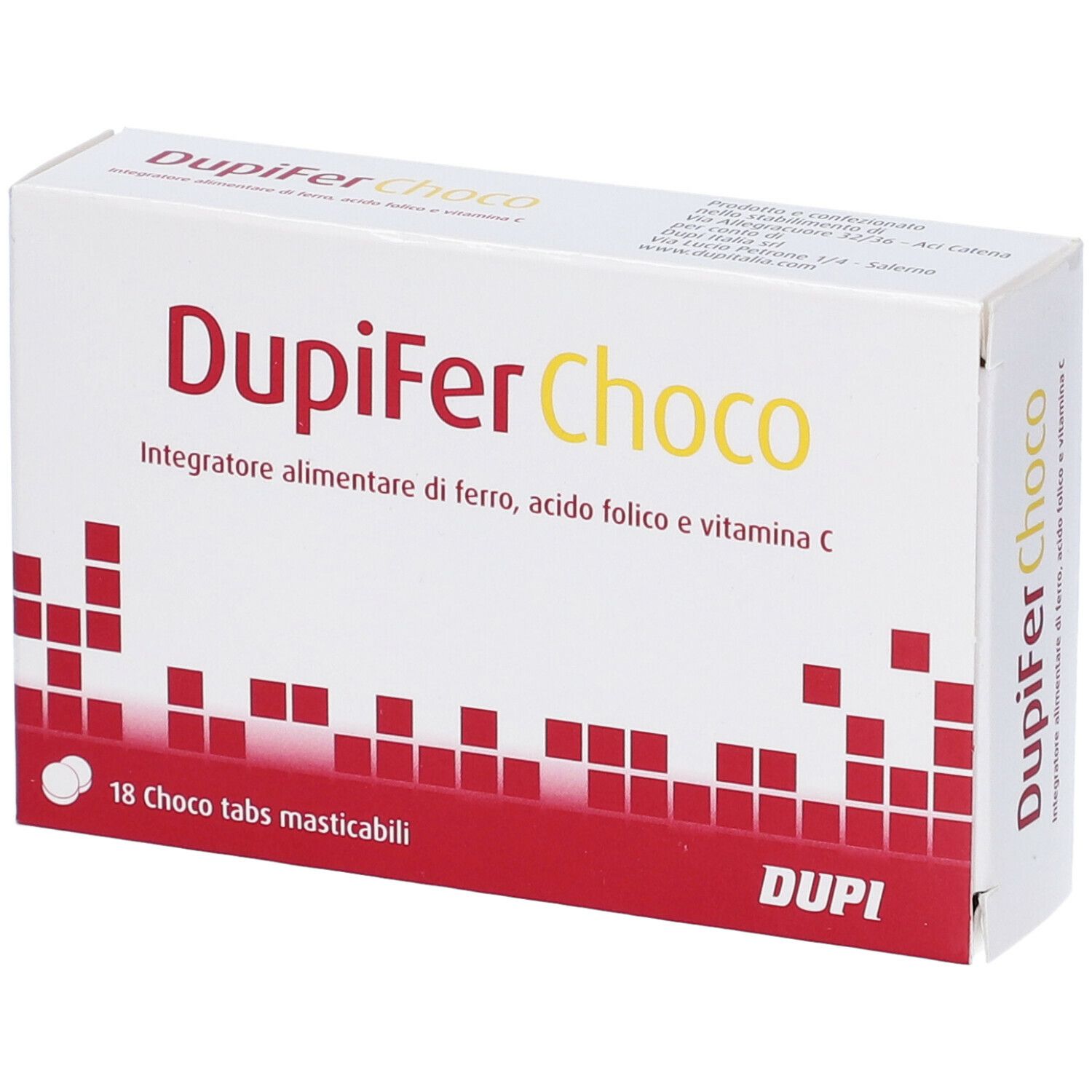 Scatola bianca con logo « Dupifer Choco ». Contiene 18 compresse. Scritta: « Integratore alimentare di ferro, acido folico e vitamina C ».