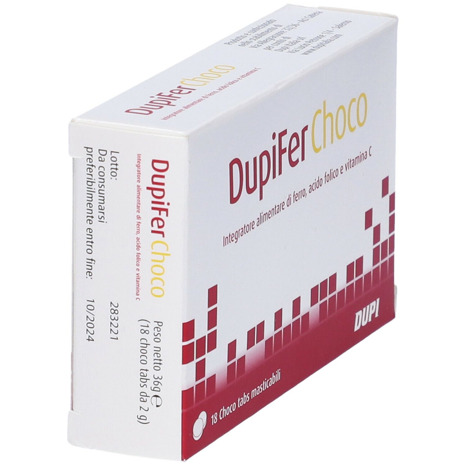 Scatola bianca con logo « Dupifer Choco ». Contiene 18 compresse. Scritta: « Integratore alimentare di ferro, acido folico e vitamina C ».