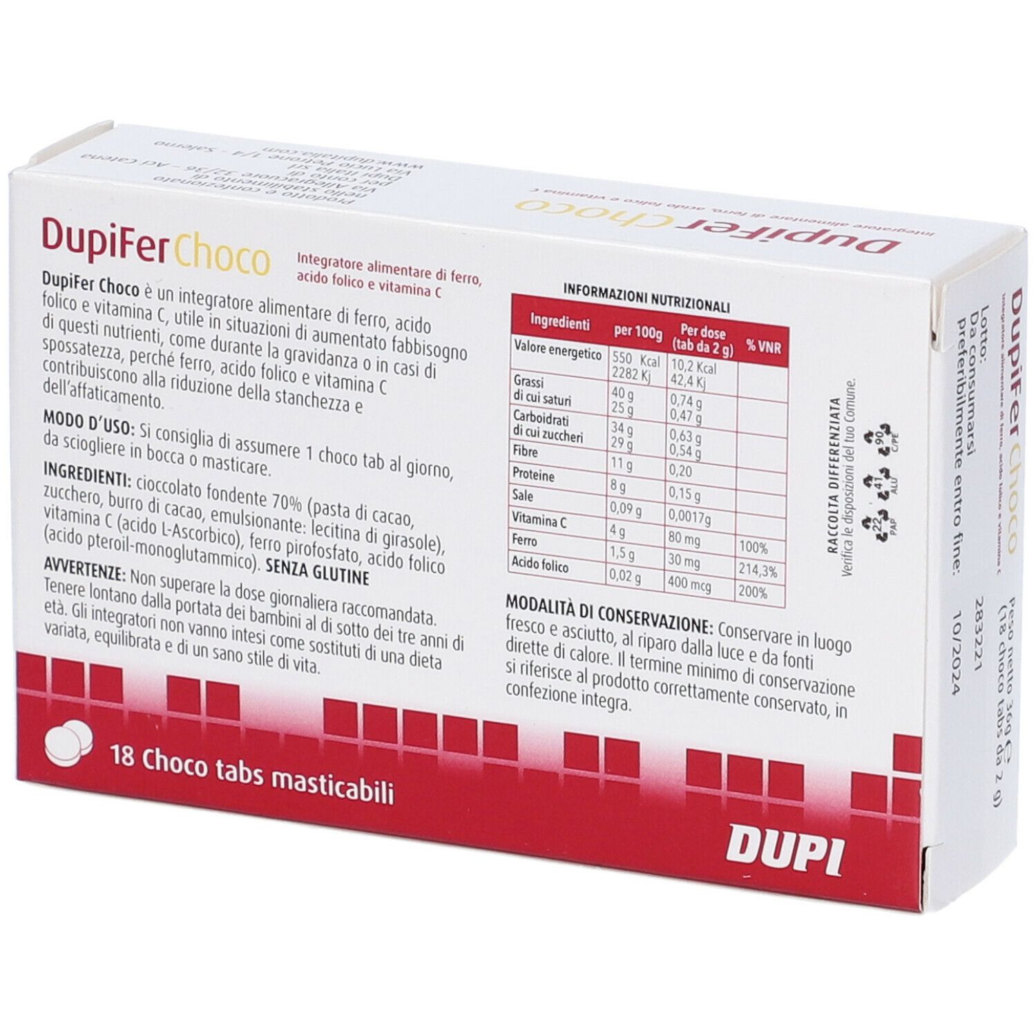 Retro della confezione « Dupifer Choco ». Contiene informazioni nutrizionali e ingredienti. Scritta: « 18 Choco tabs masticabili ».