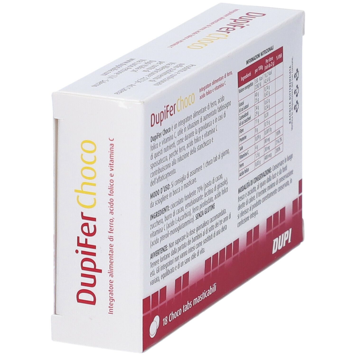 Vista laterale della confezione « Dupifer Choco ». Contiene informazioni nutrizionali. Scritta: « 18 Choco tabs masticabili ».