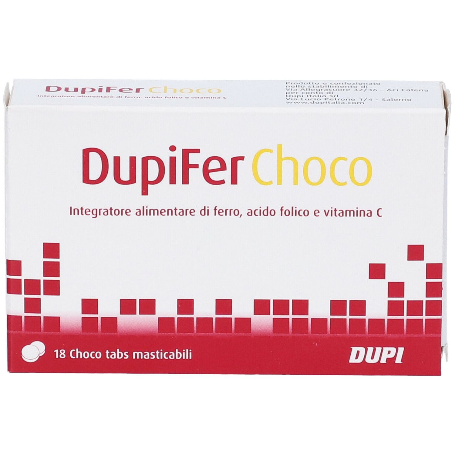 Scatola bianca con logo « Dupifer Choco ». Contiene 18 compresse. Scritta: « Integratore alimentare di ferro, acido folico e vitamina C ».