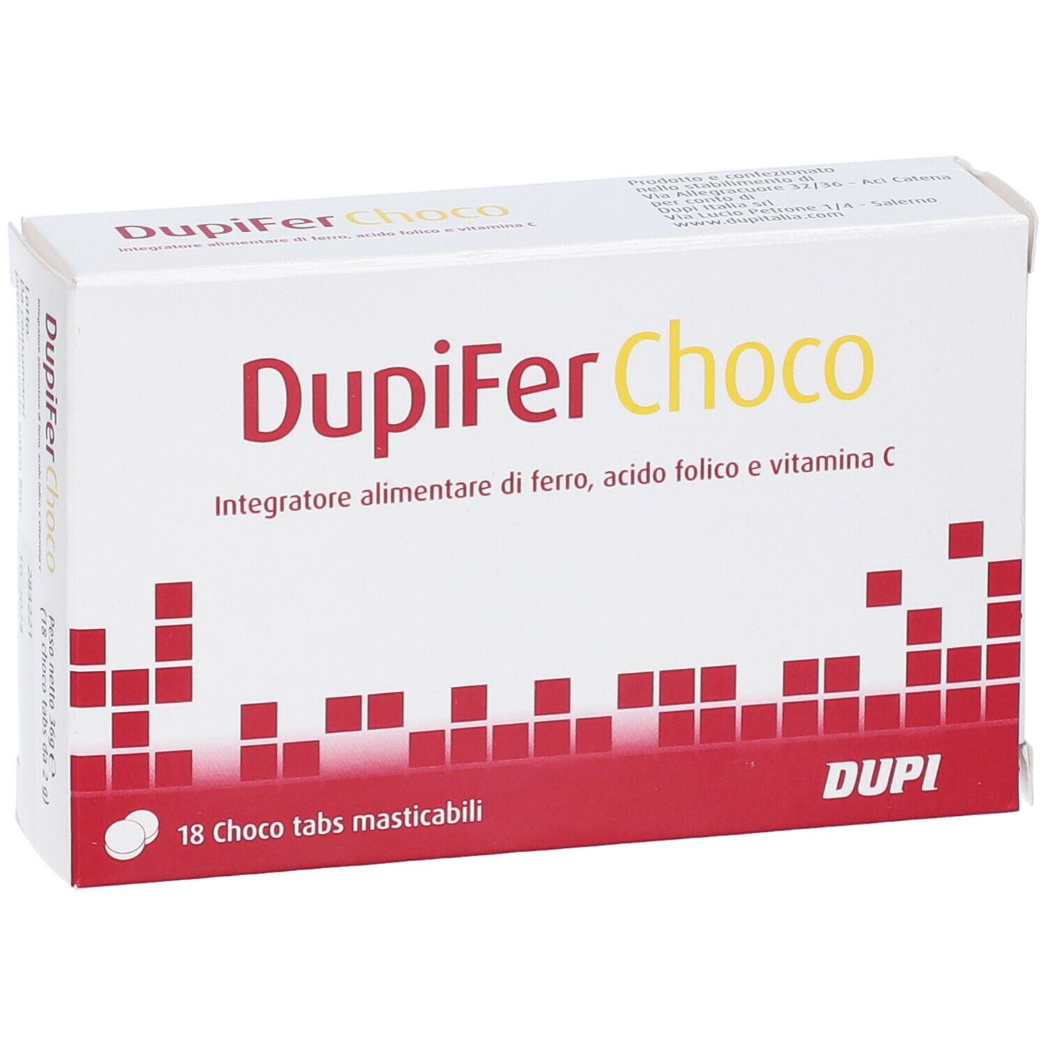 Scatola bianca con logo « Dupifer Choco ». Contiene 18 compresse. Scritta: « Integratore alimentare di ferro, acido folico e vitamina C ».