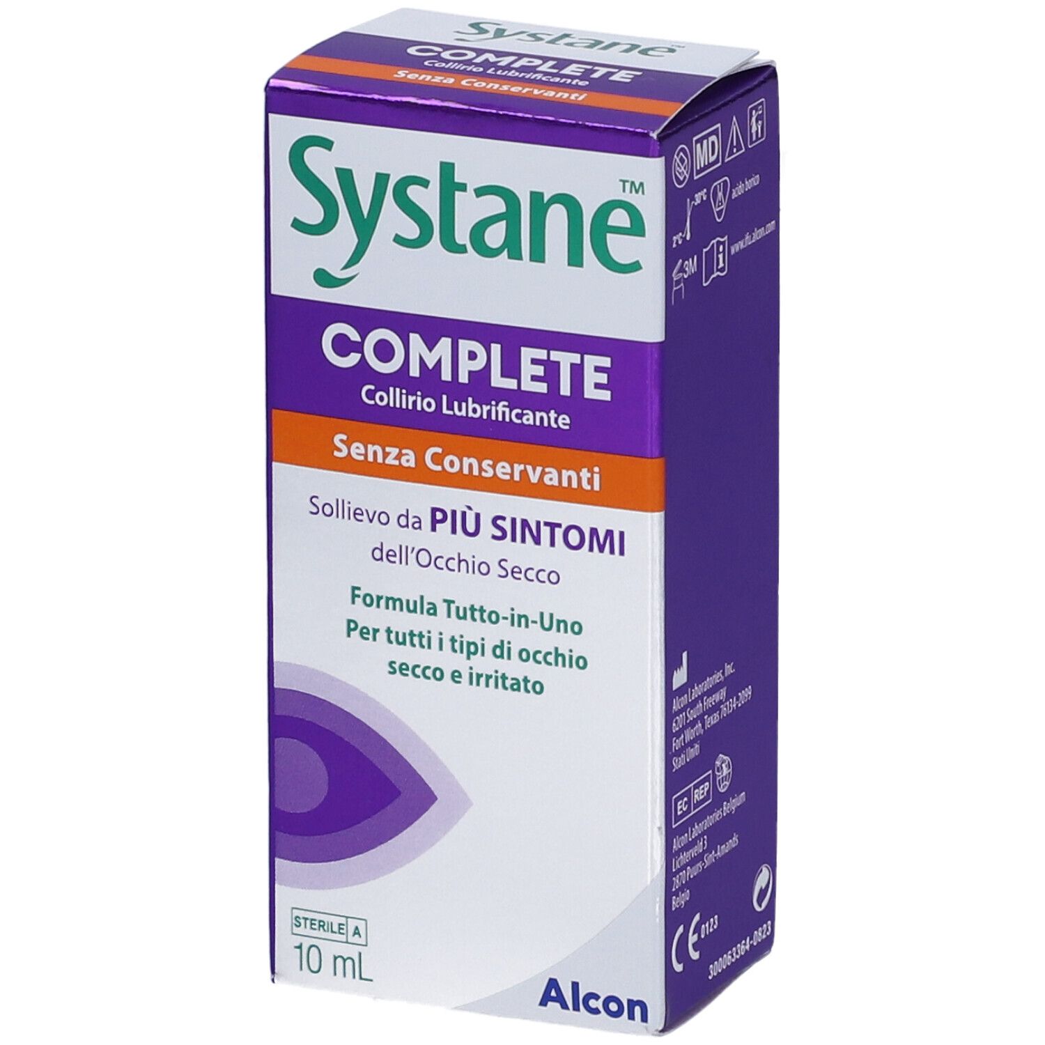 Scatola di Systane COMPLETE Collirio Lubrificante Senza Conservanti. Viola, bianco e arancione. Logo Alcon.