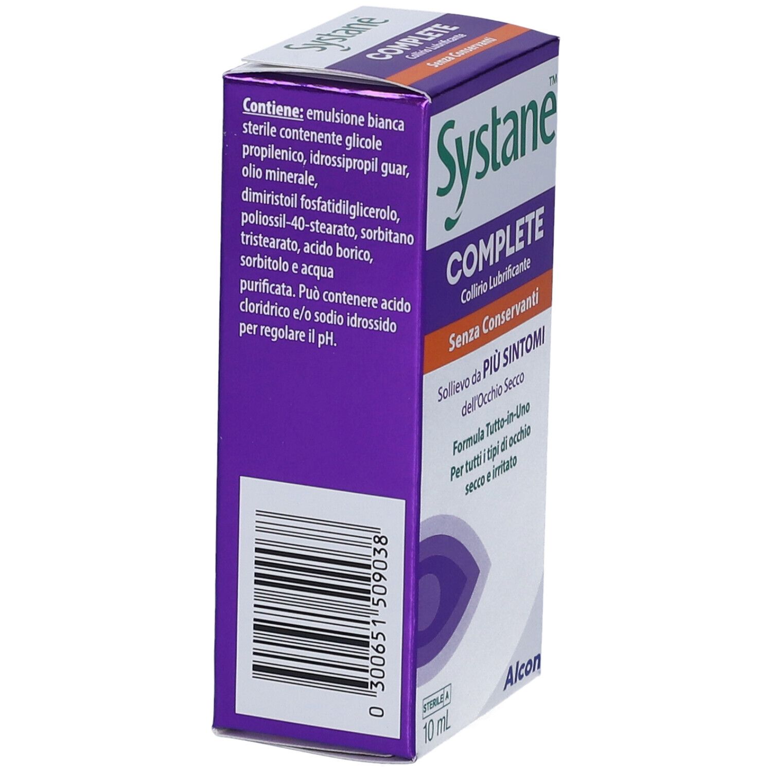 Retro della scatola con ingredienti e codice a barre. Systane COMPLETE Collirio Lubrificante Senza Conservanti.