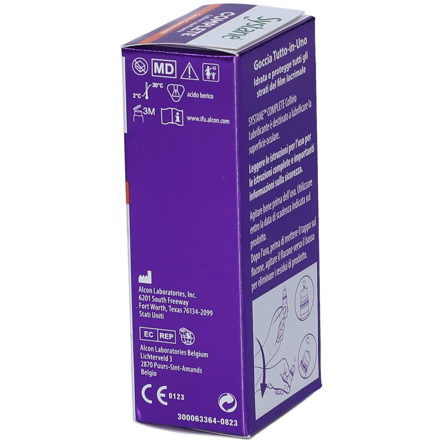 Vista laterale della scatola con informazioni del produttore e simboli. Systane COMPLETE Collirio Lubrificante Senza Conservanti.