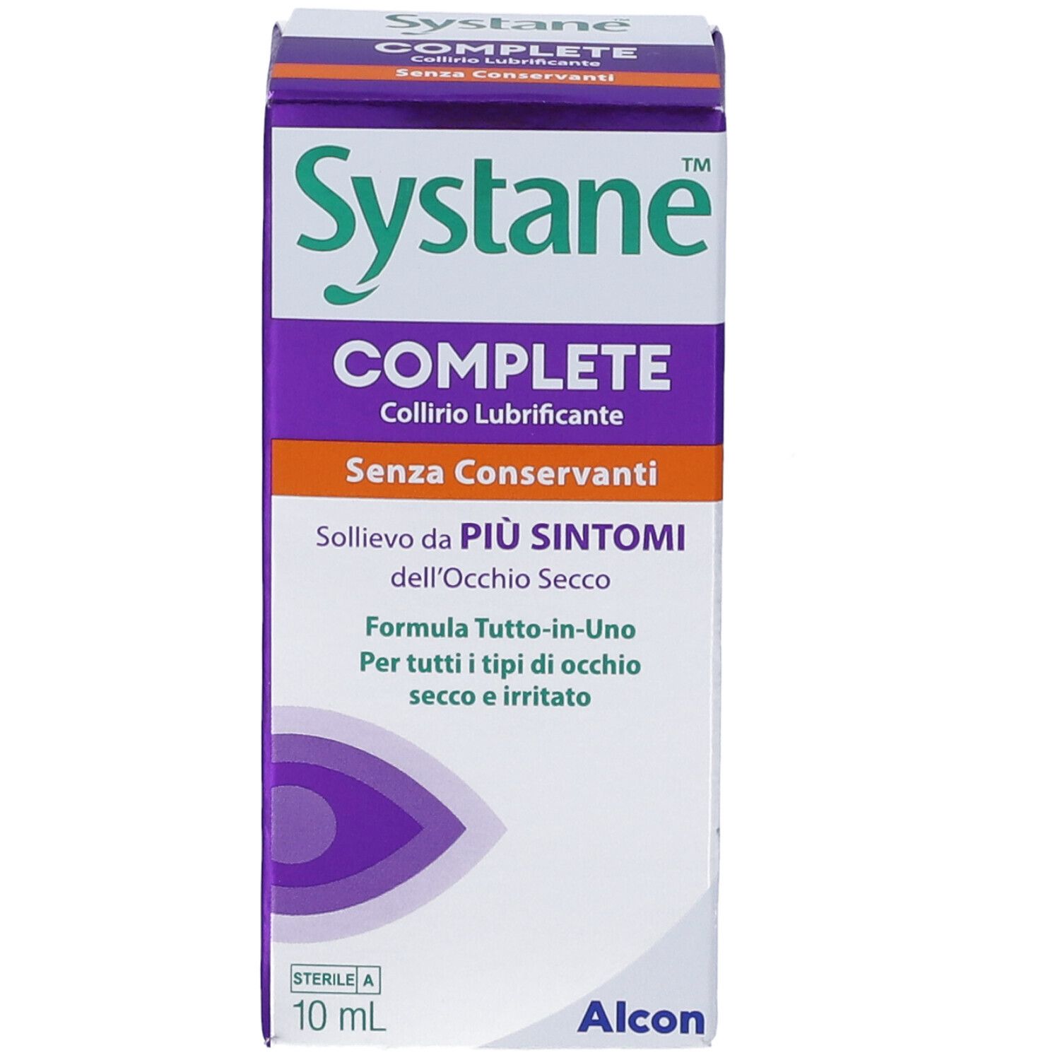 Vista frontale della scatola con nome del prodotto e logo. Systane COMPLETE Collirio Lubrificante Senza Conservanti. Alcon.