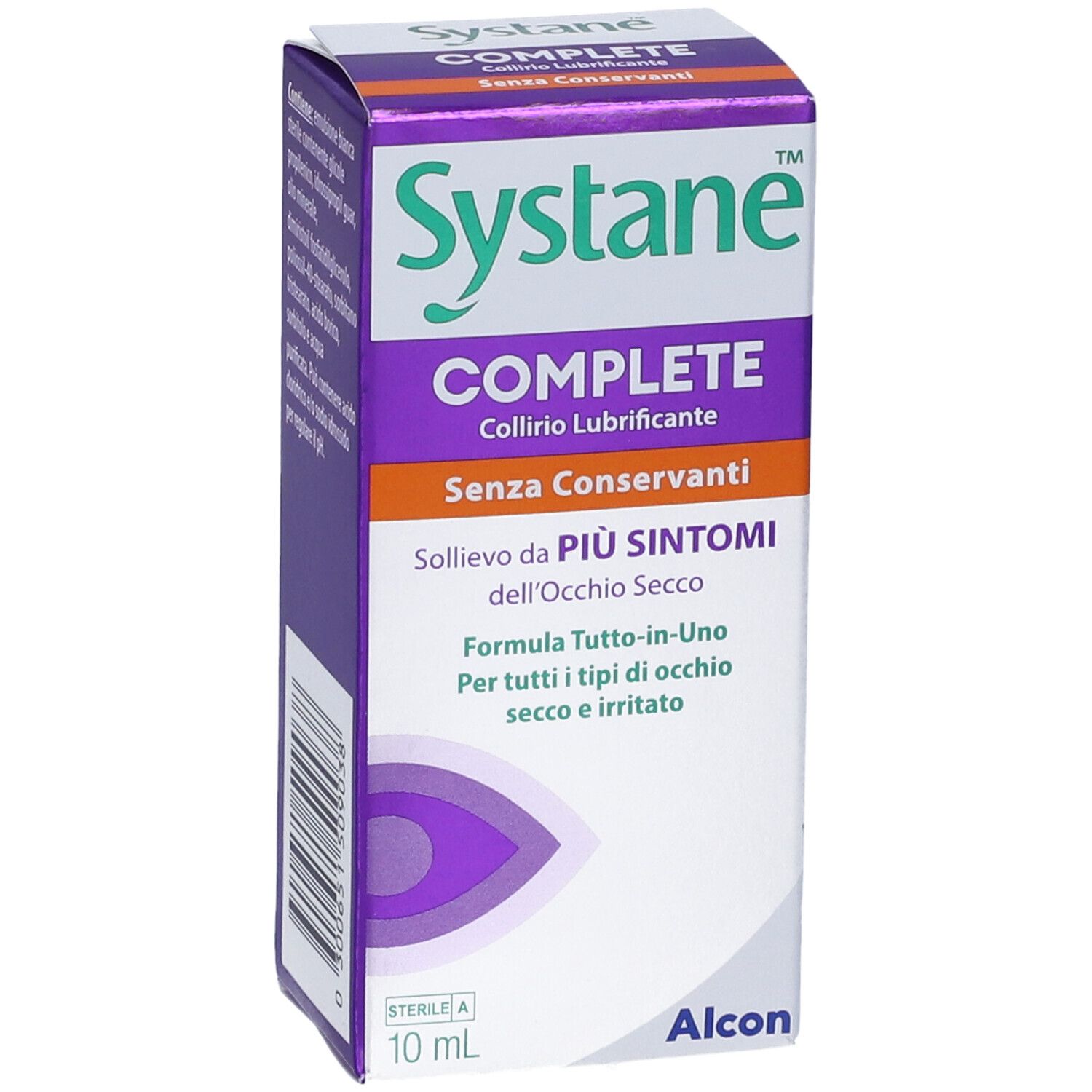 Vista frontale della scatola con nome del prodotto e logo. Systane COMPLETE Collirio Lubrificante Senza Conservanti. Alcon.